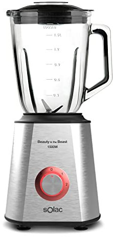 Solac BV5728 Beauty and the Beast 1500 - Batidora de vaso, 1500W, cuchillas 6 filos de acero inoxidable, 2 velocidades + Turbo, pica hielo, jarra cristal graduada 1.5L, boca llenado, sistema seguridad