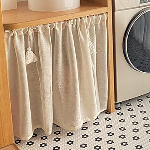 GUAWJRZDP Retro cotton and linen short curtains, curtains under the sink, Nordic style door curtain, shading and ventilation, tassel decoration, rod installation, one piece (Size: W100XH90(CM))