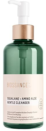 Biossance Squalane + Amino Aloe Gentle Cleanser. Foaming gel for the face, cleanses pores and removes makeup. Moisturizing, streak-free formula