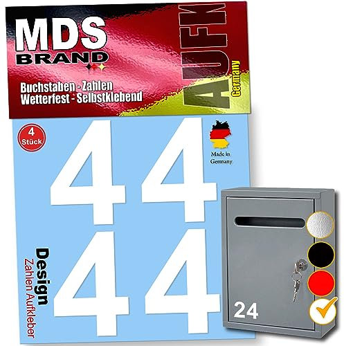 MDS Brand 5cm Design Zahlen Aufkleber Selbstklebende Klebezahlen | Vinyl Hausnummern zum Aufkleben für Briefkasten, Mülltonnen, Hausnummer für Außen & Innen (Weiss, 4)
