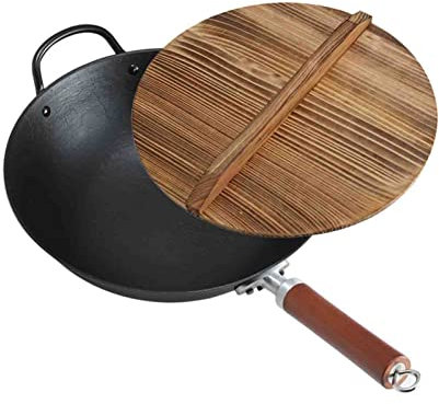 Vinbcorw Padella Wok con Coperchio, 32cm -36cm Wok in Ghisa con Fondo Piatto, 12.59 Padella Wok Non Rivestita per Gas Elecric Induzione Tutti i Piani Cottura, Senza PTFE e PFOA,36cm