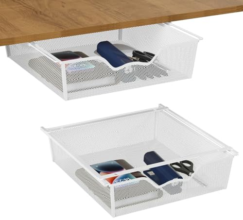 Set of 2 Schreibtisch-Organizer, Unter Tisch Schublade Große Kapazität Veranstalter, Metallschublade Untertisch-Aufbewahrungsbox, Versteckte Schubladenboxfür Büro zu Hause Schule, Weiß