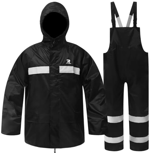 RainRider Rain Suits for Men Women Waterproof Fishing Rain Jacket Bib Pants Lightweight Reflective 3-Piece Rain Gear (Black, M)
