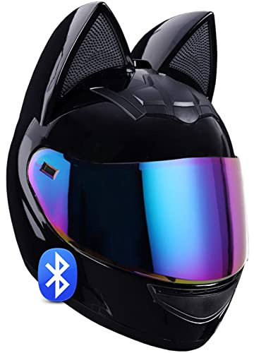 Casco De Motocicleta Bluetooth De Cara Completa para Mujer Y Niña, Casco De Moto Modular con Orejas De Gato, Casco De Motocicleta De Cara Completa Certificado ECE, con Visera C,L(54-56cm)