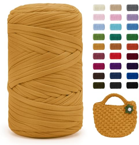 Uiopa Yellow T-Shirt Yarn, 400g/120m Elastic Fabric Crochet Cloth T Shirt Yarn, Chunky Hand Knitting Polyester Ribbon for Crocheting Bags/Baskets/Rugs, Home Decor, DIY Crafts