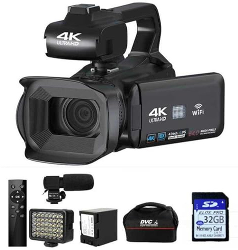 NVYAZJ 4k Video Camera, Digital Camcorder with 32g Memory Card 64-Megapixel 4.0-Inch Touch Screen Wifi App Led Fill Light 4500mah Dedicated Handheld Stabilizer 2.4g Remote Control