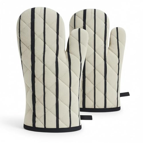 Attica Tracery 100% Cotton Oven Mitts Set of 2 Heat Resistant Quilted Kitchen Gloves, Baking BBQ Cooking Mittens, Machine Washable Microwave Oven Thick Insulated Protective Mitts (Stripe Print)