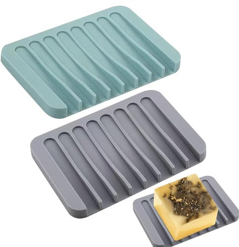 Lot de 2 porte-savon en silicone gris bleu clair sans perçage avec drainage auto-drainant Matériau durable Porte-savon multifonction pour salle de bain, cuisine, lavabo, garde le savon sec