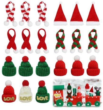 Duluok 21 Stück Mini Weihnachtsmütze und Schal Set, Mini Weihnachtsschal Mini Weihnachtsmützen Set, Nikolausmütze Klein für Weihnachten Weinflasche Abdeckung, Puppenhaus, Weihnachtsfeiern