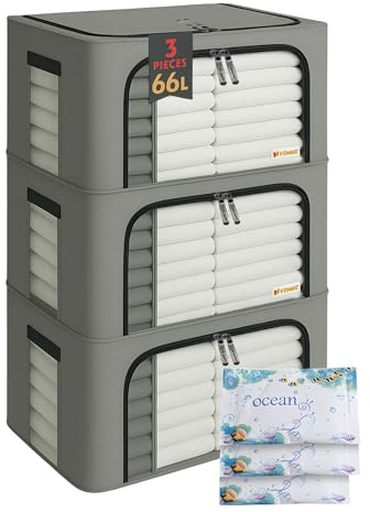 FENIXE_Contenitori Per Armadio Salvaspazio 66L, Grigio - Scatole Portaoggetti Confezione da 3 - Organizer Armadio Con Finestre Trasparenti Impilabile, Pieghevole, Resistenti all’Acqua 3x66L Grigio
