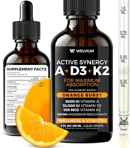 WELVIUM Liquid Vitamin D3 K2 Magnesium Liposomal Drops with 10000 IU Cholecalciferol, MK7, Vitamin A, Calcium, MCT Oil, Organic Sunflower Lecithin for Immune Bone Skin ADK Supplement