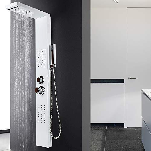 Duschsäule aus Edelstahl, Thermostat-Duschsystem mit Dusche und Wasserfall, Regendusche, Massagedusche und Wasserfalldusche für Badezimmer, 15 x 47 x 130 cm, Weiß