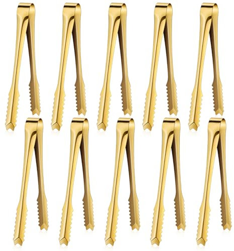 Homgaty 10 Pcs Stainless Steel Ice Sugar Tongs Mini Serving Tongs Small Tongs for Food Sweets Bread Cake Kitchen Wedding Party Bar Bucket (Golden-6 in)