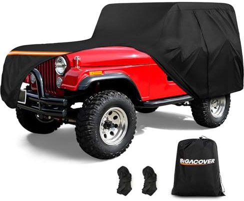 Car Cover for Jeep CJ5 1955-1983, Waterproof 210D Oxford Cloth and Cotton Cover Outdoor Full Car Covers with Zipper Windproof Heavy Duty All Weather with Wind, Sun, UV and Dust Protectio