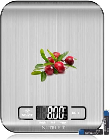 Food Scale, Kitchen Scales Digital Weight Food Grams and Ounces for Weight Loss Baking Cooking of NUTRI FIT, Max 11lb 1g Increment, Backlight LCD Smart Tare Stainless Steel, Easy to Use, AAA Battery