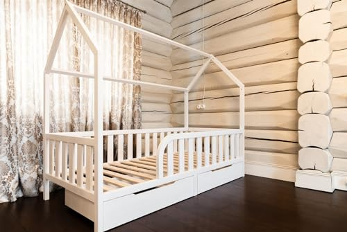 Mandrele - Montessori Hausbett mit Lattenrost und Schubladen, Rausfallschutz, Bodenbett, Kinderbett aus Kiefernholz für Jungen und Mädchen, 90x200 cm, Weiß