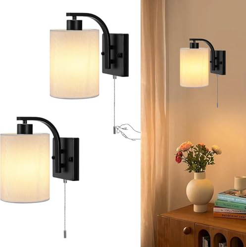 Glowlit Bedroom Wall Lights Pull Cord, Set of 2, Black | Indoor Wall Lamp, with Switch, White Fabric Shade, E27, for Bedroom, Living Room, Hallway, No Bulb