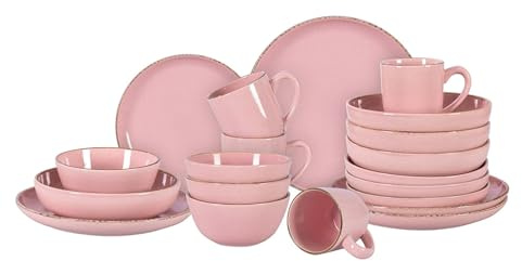 20-Piece Dinnerware Set, Nordic Ceramic Plates and Bowls Sets for 4, Raised Rim Tableware Collection, Shiny Pink Speckled Serveware for Daily Use, Microwave & Dishwasher Safe