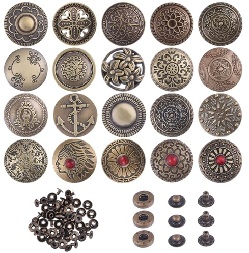 FREEBLOSS 20 Set Antike Druckknöpfe Dekoratives Druckknopf Set Vintage Druckknöpfe Aus Messing Strapazierfähiger Druckknopf Ohne Nähen Für Jacken Taschen Korsetts DIY Lederbastelprojekte