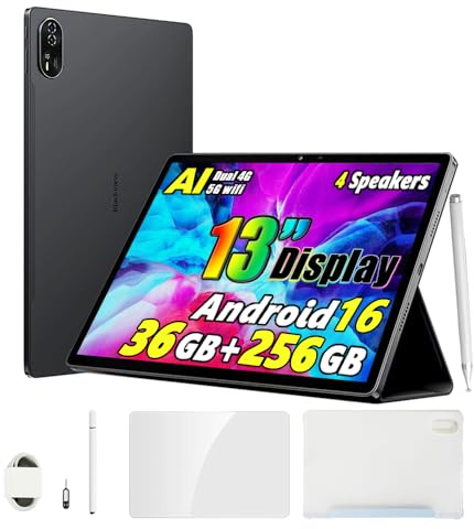 Blackview Mega 8 13 Zoll Tablet Android 16, 36GB+256GB+2TB Erweiterung, Quad-box Speakers, 2K FHD+ Gaming Tablet AI, 4G LTE 5G WiFi, 50MP AI Camera,11000mAh,PC Mode, Hülle+Intelligenter Stift, Schwarz