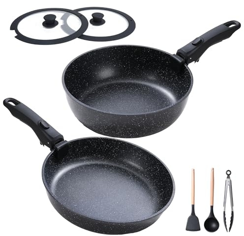 Foorey Home Frying Pan Set with Lid Nonstick Kitchen Cooking Pans 10” Skillets Pots and Pans Set with Detachable Handle Spatula Ladle Tong Induction Cookware Black 3.3QT and 10 Frying Pan Skillet