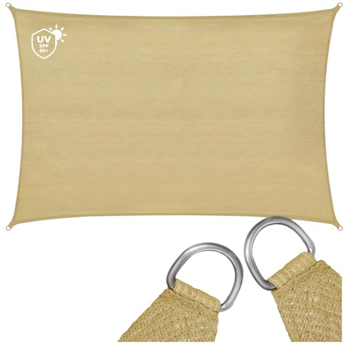 tectake® Sonnensegel, reißfestes HDPE Gewebe, 87% UV Schutz, Sonnenschutz Sichtschutz Balkon, Sichtschutz Garten, für Pergola, Windschutz Terrasse, mit Ösen und Spannseile - rechteckig, Sand, 2 x 3 m