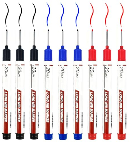 Set de 9 Marqueur Trou Profond Indélébiles - Marqueur Pointe Longue à Pointe Fine de 20 mm pour Marquage Précis sur Bois, Métal, Plastique et Carton (Noir, Bleu, Rouge)