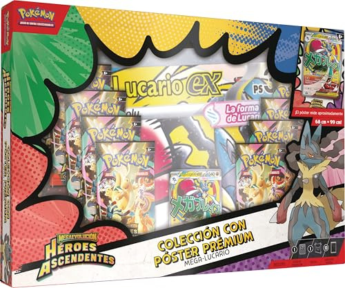 Pokémon: Colección con póster prémium Mega-Lucario de Megaevolución-Héroes Ascendentes (1 Carta holográfica de promoción, 1 póster Impreso por ambas Caras y 10 Sobres de Mejora)