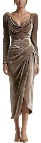 Generisch Vestido de terciopelo para mujer con cuello en cascada - Elegante vestido midi con drapeado y dobladillo asimétrico | Vestido de noche festivo de manga larga, Style_z01 Marrón, XL