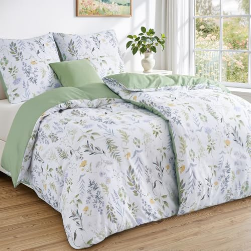 Duvetnova Sängkläder blommor 135 x 200 4 delar vår sommar, supermjuka sängkläder grön salviagrön aesthetisk, Öko-Tex sängklädesset 2 påslakan 135 x 200 + 2 örngott 80 x 80 – alla med blixtlås