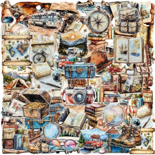 Alethron Vintage Sticker Reisen, 100 Stück Retro Travel Sticker, Wasserfeste Vintage Koffer Aufkleber Reisen Set für Fotoalbum, Journaling, Laptop, Handyhülle, Scrapbooking, Auto, Skateboard, Tagebuch