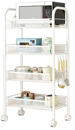 4-Tier Trolley on Wheels, Multi-Purpose Organisation Rack, Multi-Level | Floor-Standing Kitchen Storage Rack | Removable Drain Basket | Ideal for Bathroom Storage Kitchen Bedroom Office