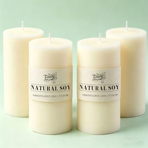 4-Pack Soy Wax Pillar Candles, Unscented White Candles, 4.5cm W x10cm H | 30H Burning Time Non-Toxic & Smokeless Candles with Cotton Wick for Home Decor Church Wedding