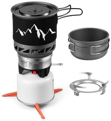 Odoland Rucksack- und Campingkocher Kochsystem, 7-in-1 energiesparendes Kocher-Set, leichter Kochtopf mit Brenner zum Wandern, Trekking, Angeln und Backpacking
