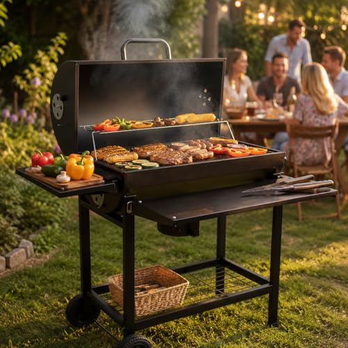 Profi Smoker Grill Holzkohle Grillwagen XL 103x110x59 cm, schwarzer BBQ Standgrill aus Stahl mit Deckel, Grillrost, Warmhalterost, Aschebehälter, Ablagen, Luftregulierung & Rädern für Garten Party