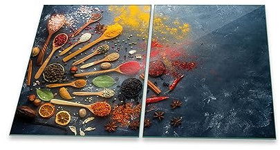 Herdabdeckplatte Abdeckung Ceranfeld Abdeckplatte Schneidebrett 2-Teilig 80x52 Gewürze Mehrfarbig Spritzschutz Glasplatte Ceranfeldabdeckung Schutz Herdschutz Sicherheitsglas Glasschneidebrett 2x40x52
