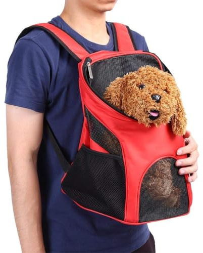 Haustier Rucksack Verstellbare Haustiertasche Out Hunde Rucksäcke Faltbarer Haustiertragetasche mit Belüftet Mesh für Hunde und Katzen, 25 x 30 x 35cm(Rot)