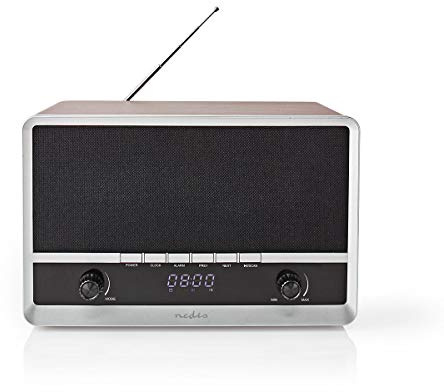Nedis FM-Radio | Tischdesign | AM/FM | Stromversorgung über USB-Port | Digital | 12 W | Bildschirmgröße: 1,6 Zoll | Display blau schwarz | Bluetooth® | Wecker | Braun/Schwarz