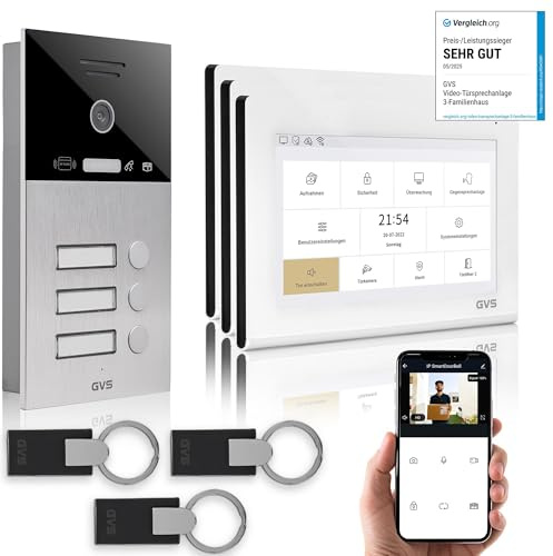 GVS IP Video Türsprechanlage 3 Familienhaus RFID Türöffner - 3X 7 Monitor | Smarte Video Türklingel mit Kamera und Monitor & App - Gegensprechanlage mit Türöffner (AVS4460U)