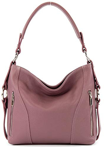 modamoda de - T202 - Borsa a mano/tracolla da donna italiana in pelle, Colore:Rosa Antico
