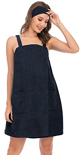 Jamron Damen Verstellbarer Handtuch Wickel Bademantel mit Stirnband für Sport, Dusche, Spa & Strand Cover Ups Schwarz M