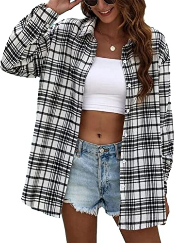 Zontroldy Flannel Shirt Women Oversized Plaid Shirts for Women Button Tops | Womens Flannel Shirt Long Sleeve, White Flannel Plaid Shirt, Cotton Plaid Shirt, Button Down Plaid Shirt Blouse Tops Jacket