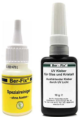 Ber-Fix UV-Glaskleber 10g Gel – Tropffreier, optisch klarer Spezialklebstoff für Glas und Metall mit 20g Spezialreiniger