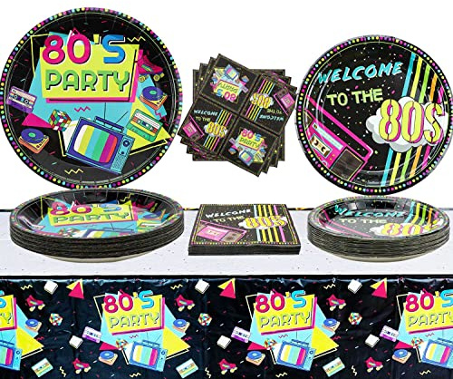 Hegbolke 80er-Jahre-Partyzubehör – 122-teiliges 80er-Jahre-Teller-Servietten-Tischdecken-Set, für Back to the 80s-Party-Dekorationen, 80er-Jahre-Themen-Geburtstagsparty-Zubehör – für 40 Personen