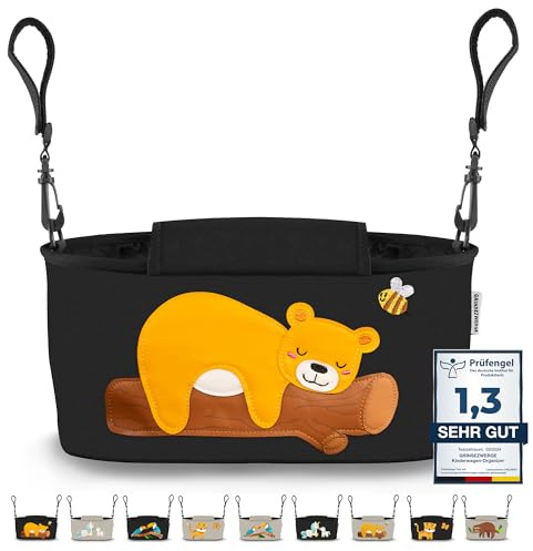 GRINSEZWERGE Borsa per Passeggino - 9 Motivi I Organizer per Carrozzina Neonato I Portaoggetti con Dispenser per Salviette I Universale Organizzatore Bambini colore nero I Bambina Stroller Bag