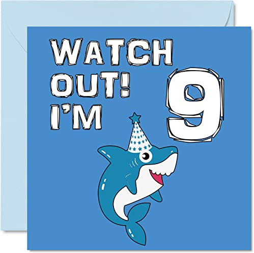 Tarjeta de cumpleaños número 9 para niño – Shark Watch Out – Tarjeta de feliz cumpleaños para niño de 9 años, tarjetas de niños para él, tarjeta de felicitación de 145 mm x 145 mm para hijo, hermano,