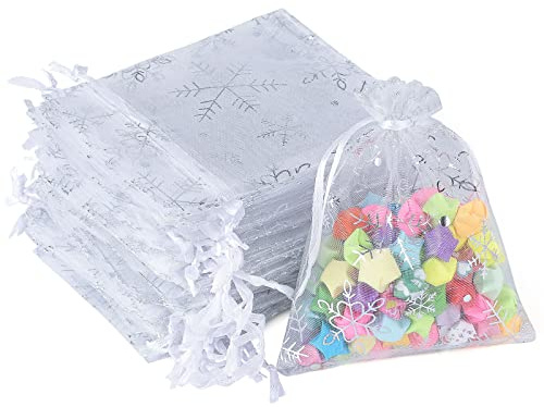 G2PLUS 9x12 CM Organzasäckchen Weihnachten Weiß, 50 Stück Kleine Geschenk Organzabeutel, Schneeflocke Organzasäckchen mit Kordelzug für Geschenk Weihnachten Deko