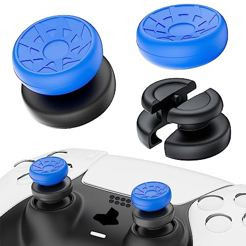 PlayRealm NO Falling Off Thumbstick Extender & Silicone Grip 2 Sets for PS5 & PS4 Controller (Turbo Blue)