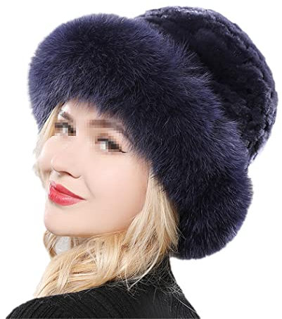 keusyoi Luxuriöse Damen-Strickmütze mit Pelz-Mütze für Damen, Mütze aus massivem Fell, für den Winter, Party, Fell, Mode