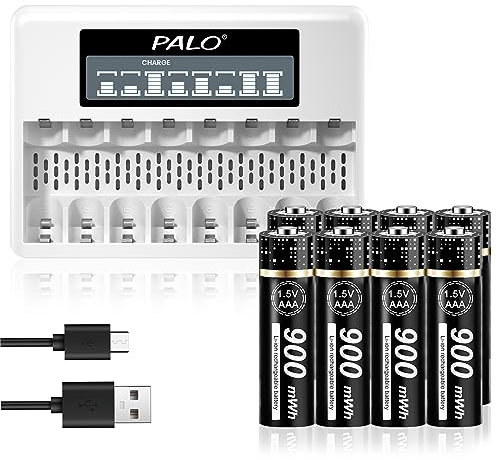 Palogreen Pile Ricaricabili AAA Con Caricatore Intelligente, 8 pcs 1.5V AAA 900mWh Li-Ion Batterie Ricaricabili Con 8 Slot LCD Display Caricabatterie Indipendente